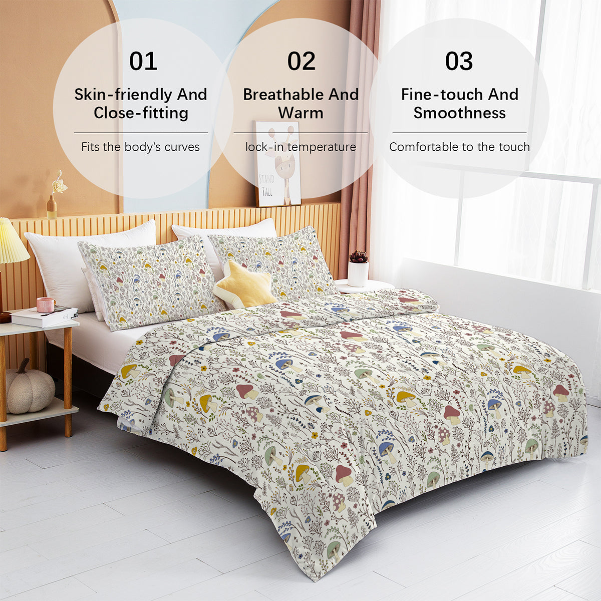 3-Piece Mushroom Comforter Bedding Set for Bedroom Decor